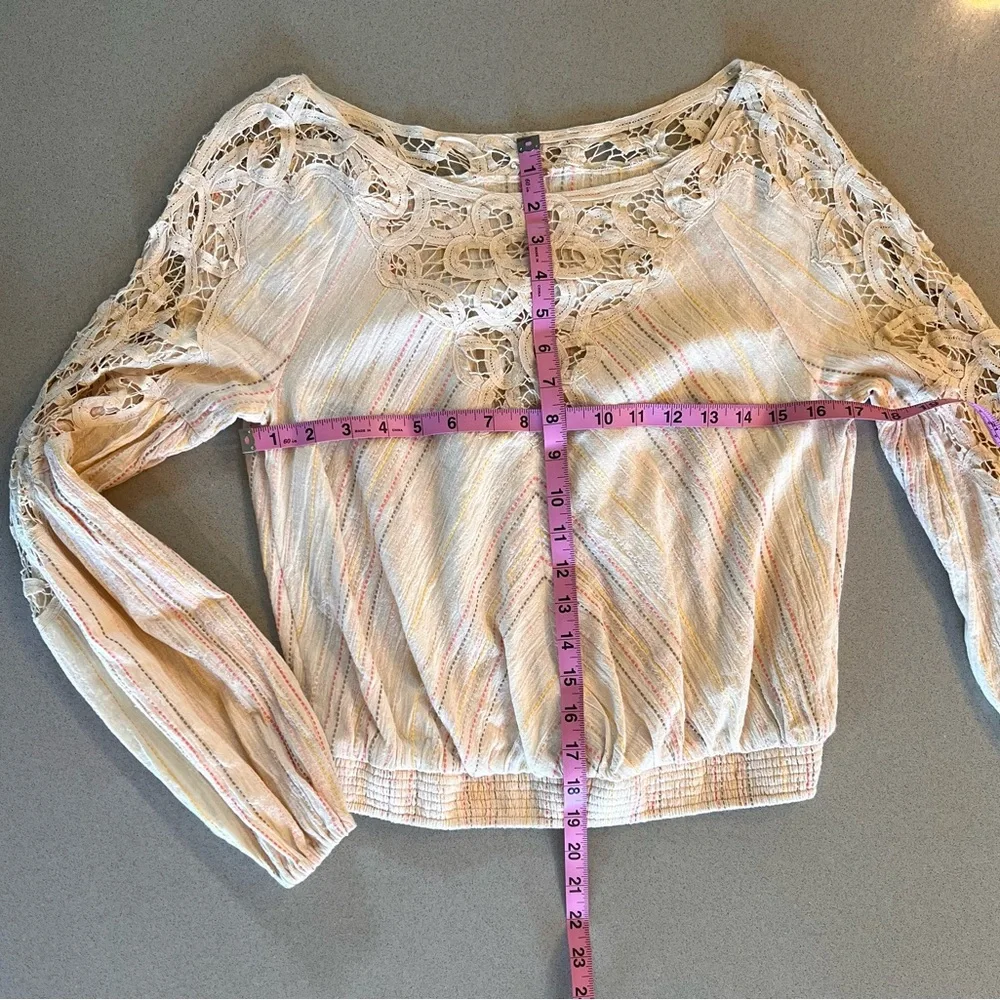 Free People Cream Lace & Striped Detail Peasant Top, XS